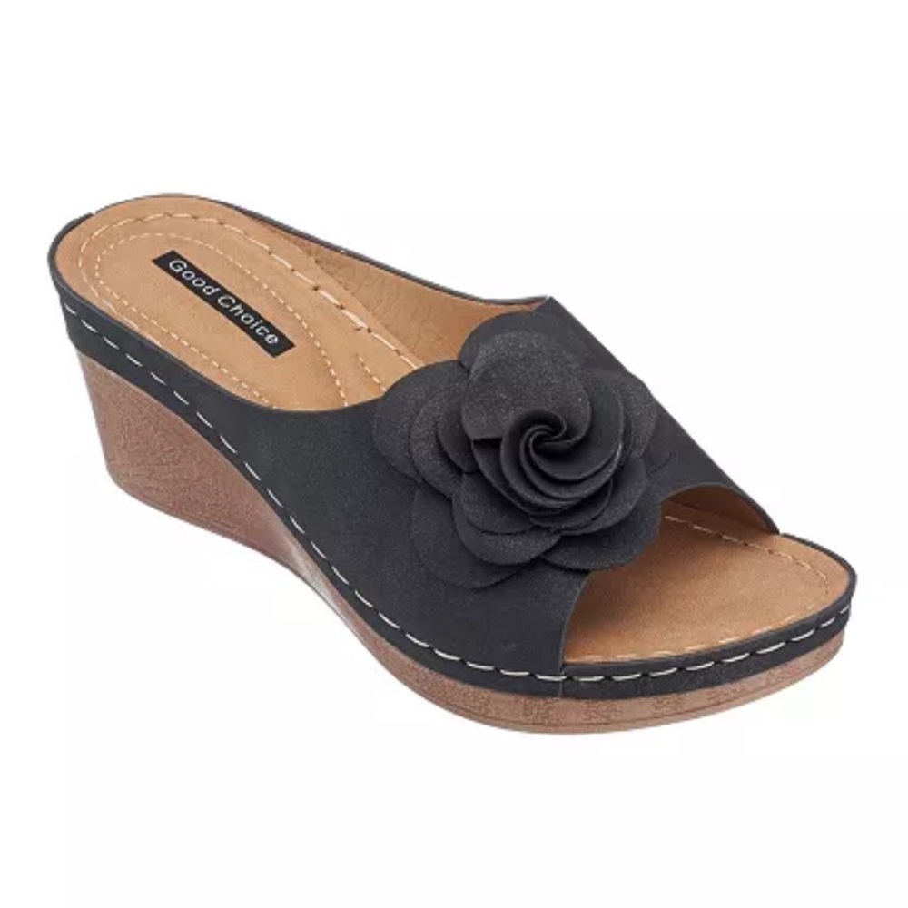Black Floral Wedge Sandals
